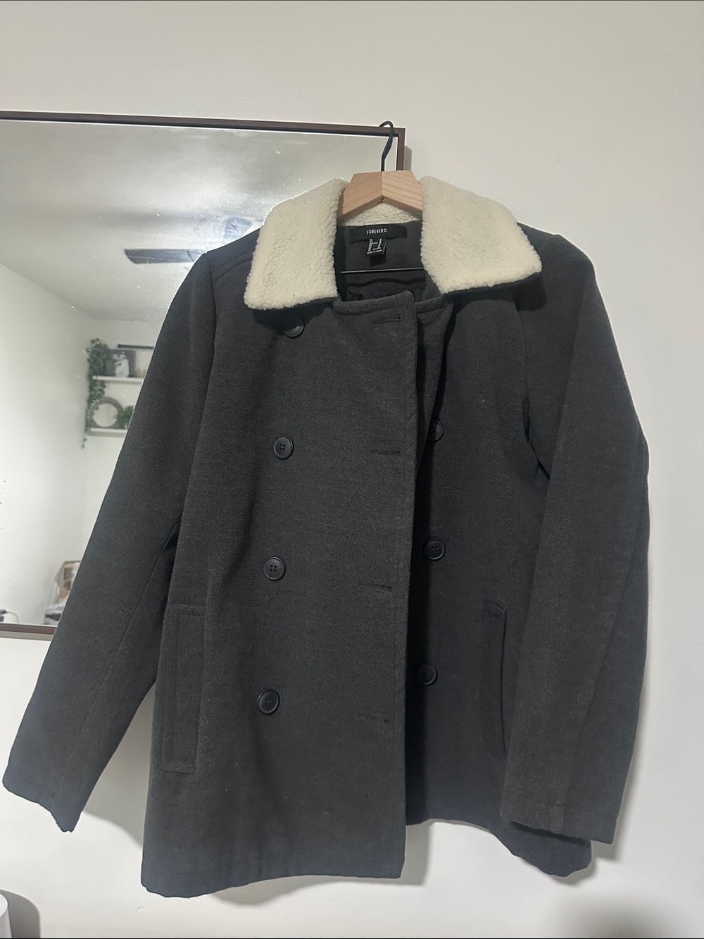 Women’s Dark Grey Peacoat with Cream Sherpa Collar